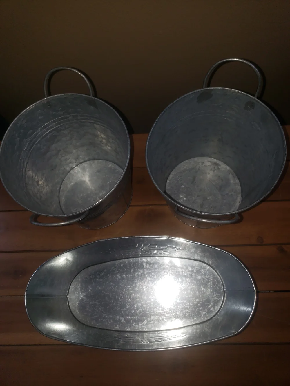 Metal Flowers & Garden With 2 Round Metal Planters - Galvanized Silver Finish